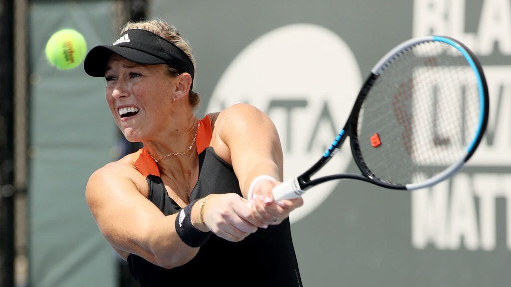 LEXINGTON, KENTUCKY - AUGUST 15: Alexa Guarachi of Chile plays a backhand during her doubles match with Desirae Krawczyk against Marie Bouzkova of the Czech Republic and Jil Teichmann of Switzerland during Top Seed Open - Day 6 at the Top Seed Tennis Club on August 15, 2020 in Lexington, Kentucky. (Photo by Dylan Buell/Getty Images)