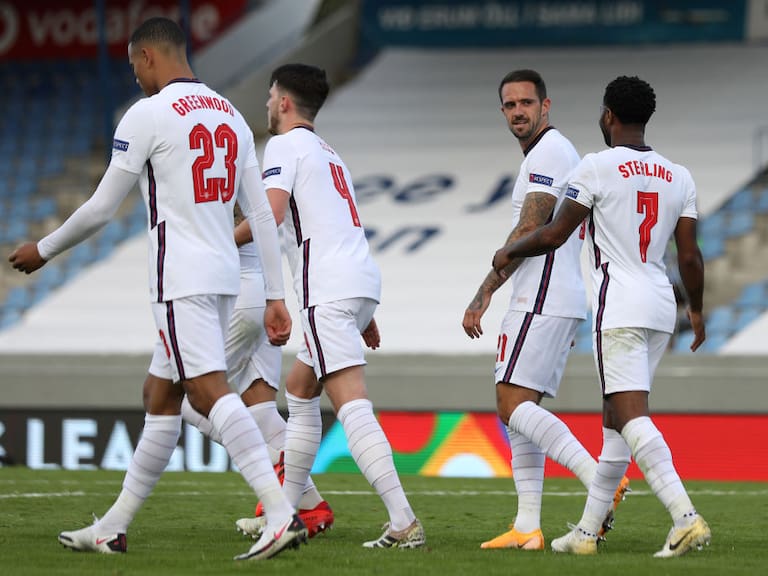 REYKJAVIK, ICELAND - SEPTEMBER 05: Raheem Sterling of England celebrates with Danny Ings after scoring his sides first goal from the penalty spot during the UEFA Nations League group stage match between Iceland and England at Laugardalsvollur National Stadium on September 05, 2020 in Reykjavik, Iceland. (Photo by Haflidi Breidfjord/Getty Images)