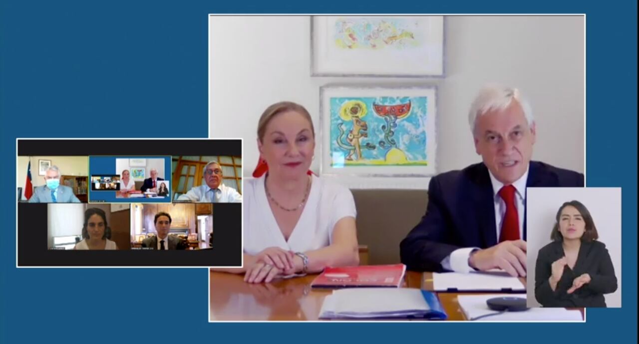 La sesión telemática en la que el Presidente Piñera promulgó el proyecto, con la participación de parte de su gabinete. Foto: Captura de video – Presidencia