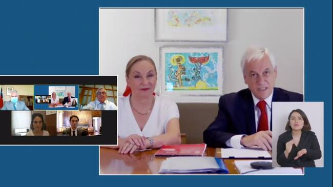 La sesión telemática en la que el Presidente Piñera promulgó el proyecto, con la participación de parte de su gabinete. Foto: Captura de video – Presidencia