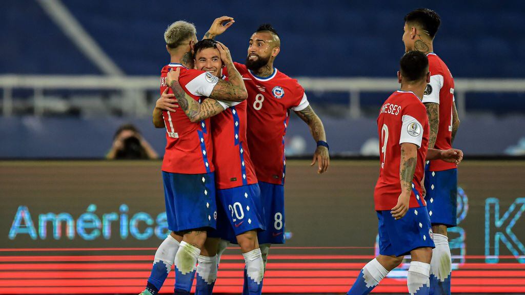 Vargas Chilean player celebrates his goal during the match against Argentina at the Engenhão stadium, for the Copa America 2021, on June 14, 2021 in Rio de Janeiro, Brazil.(Photo by Thiago Ribeiro/NurPhoto via Getty Images)
