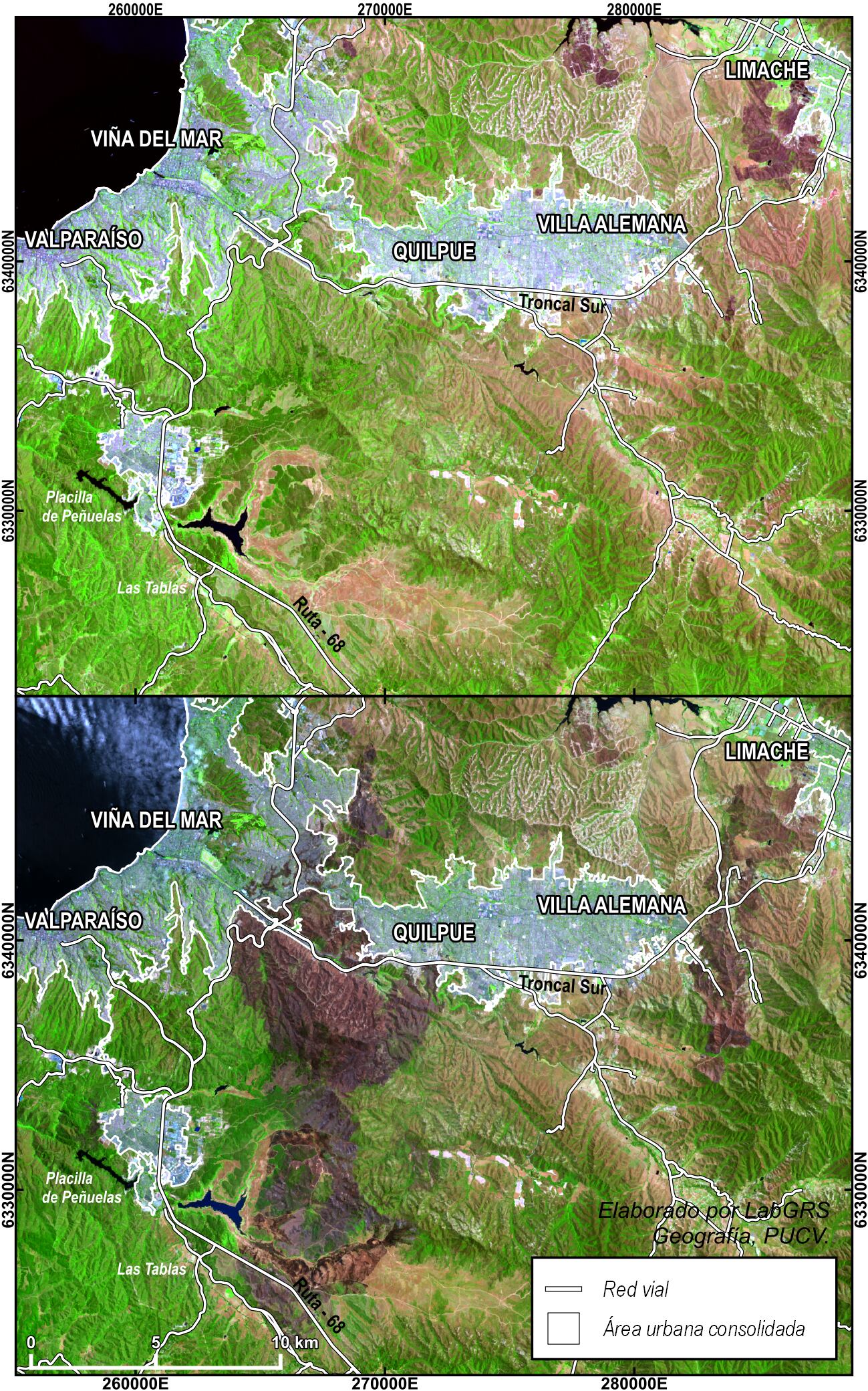 Imágenes Landsat mostrando una visualización SWIR-NIR-Red del 20-12 2023, previa al incendio (arriba), y del 5-2 2024, posterior al incendio (abajo). La imagen inferior muestra la denominada “cicatriz de fuego” que esta combinación de bandas resalta en tonalidades rojas.