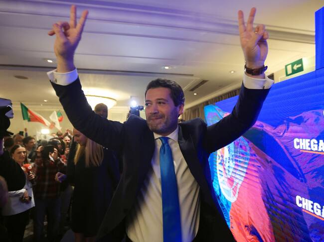 El líder de Chega, la ultraderecha de Portugal, habla sobre sus resultados. Andre Ventura festeja el crecimiento del grupo de la extrema derecha.