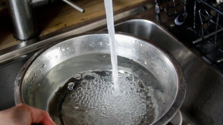 Dog bowl, tap water, sink