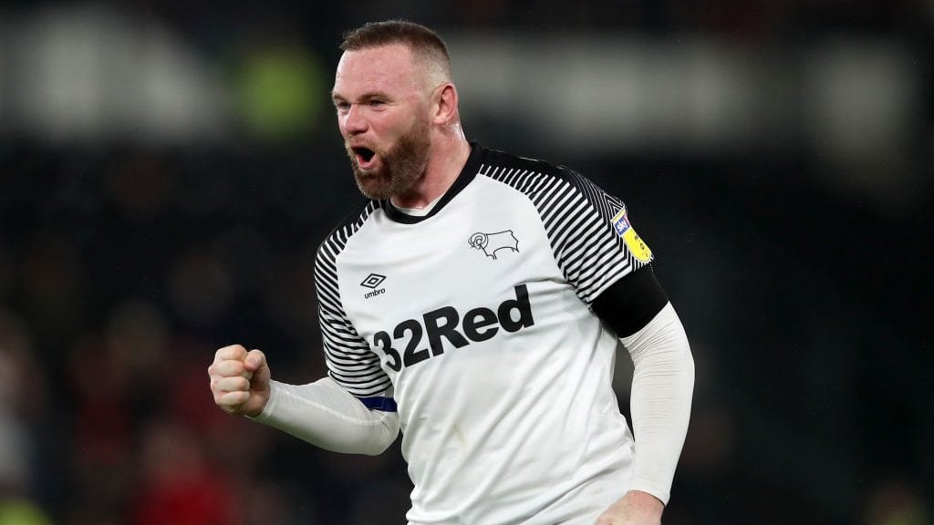 DERBY, ENGLAND - JANUARY 02: Wayne Rooney of Derby County celebrates his assist of the opening goal during the Sky Bet Championship match between Derby County and Barnsley at Pride Park Stadium on January 2, 2020 in Derby, England. (Photo by Marc Atkins/Offside/Offside via Getty Images)