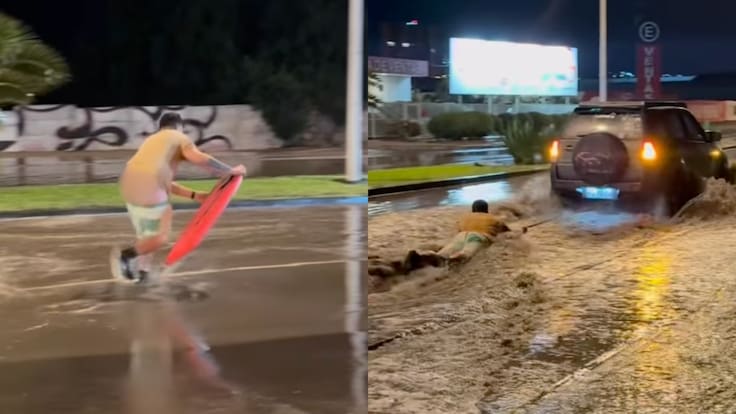 Lluvias dejaron insólita escena en el norte: hombre fue arrastrado en bodyboard por un automóvil en Antofagasta