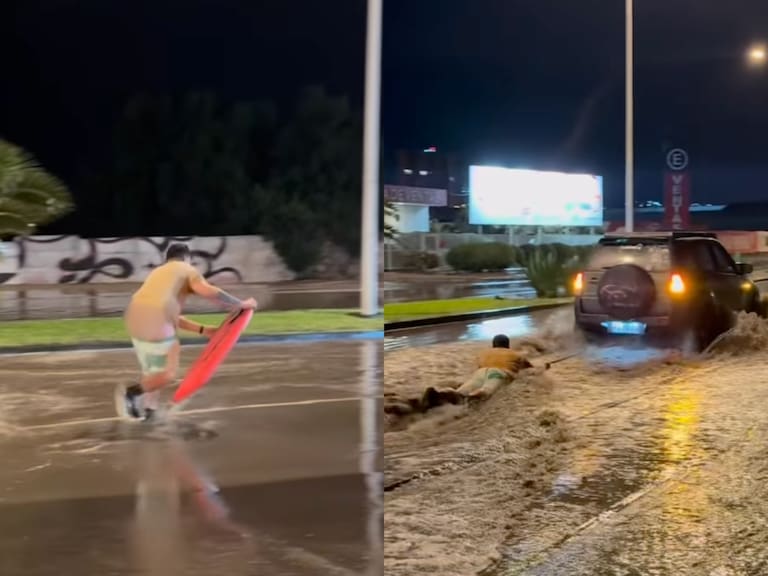 Lluvias dejaron insólita escena en el norte: hombre fue arrastrado en bodyboard por un automóvil en Antofagasta