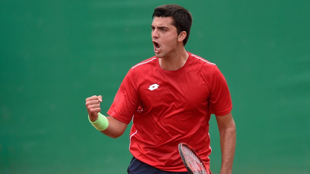 Chile's Tomas Barrios reacts after winning a point against Argentina's Guido Andreozzi during their Men's Singles Semi Final Tennis match of the Lima 2019 Pan-American Games in Lima, on August 3, 2019. (Photo by Luis ROBAYO / AFP) (Photo credit should read LUIS ROBAYO/AFP via Getty Images)