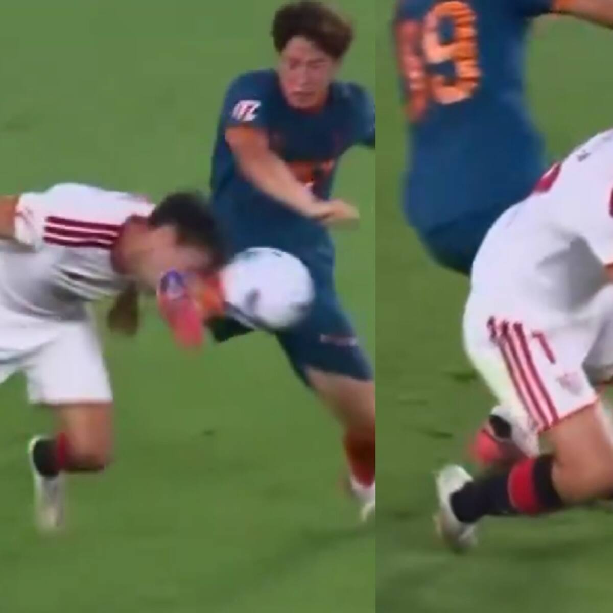 La tremenda patada en la cara que sufrió Gabriel Suazo en partido del Sevilla: estuvo minutos tendido en el piso