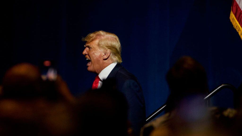 GREENVILLE, NC - JUNE 05: Former U.S. President Donald Trump exits the NCGOP state convention on June 5, 2021 in Greenville, North Carolina. The event is one of former U.S. President Donald Trumps first high-profile public appearances since leaving the White House in January. (Photo by Melissa Sue Gerrits/Getty Images)