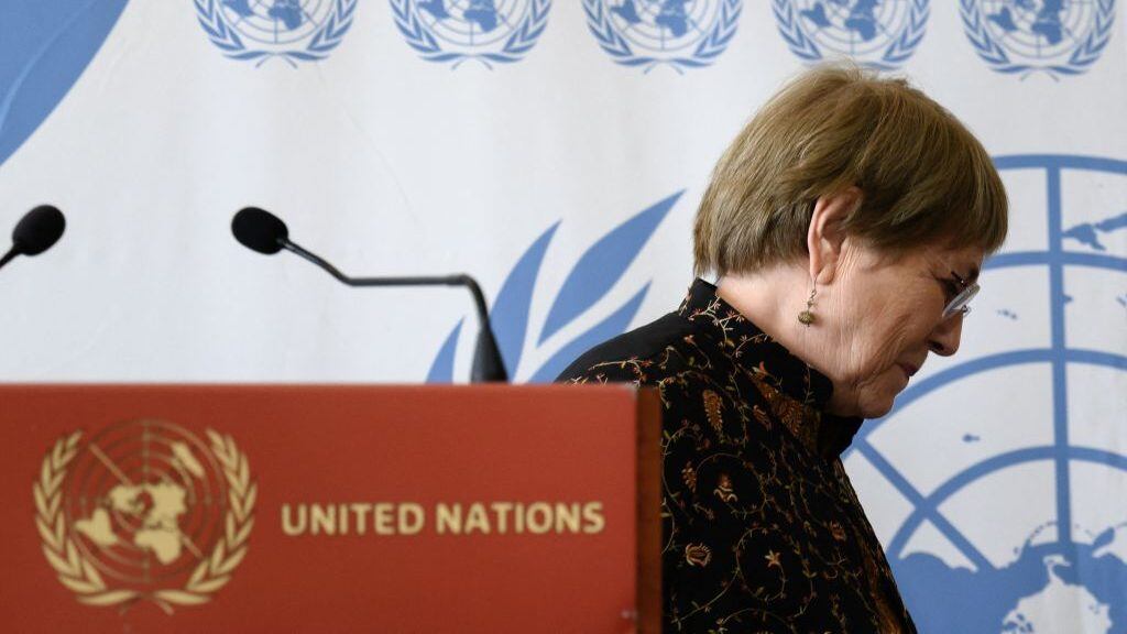 United Nations High Commissioner for Human Rights Michelle Bachelet leaves after she addressed the press on the opening day of the 50th session of the UN Human Rights Council, in Geneva on June 13, 2022. - UN rights chief Michelle Bachelet announced that she will not seek a second term, ending months of speculation about her intentions and amid growing criticism of her lax stance on rights abuses in China. (Photo by Fabrice COFFRINI / AFP) (Photo by FABRICE COFFRINI/AFP via Getty Images)