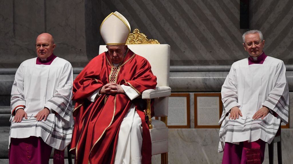 Pope Francis presides over the Passion of the Lord mass on Good Friday at St. Peter's basilica in The Vatican, on April 7, 2023 as part of celebrations of the Holy Week. (Photo by Tiziana FABI / AFP) (Photo by TIZIANA FABI/AFP via Getty Images)