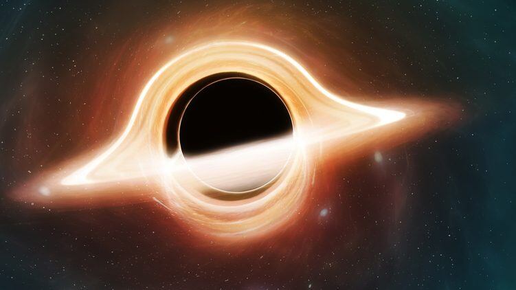 Illustration of a black hole. A black hole is a region of spacetime where the gravity is so powerful that not even light can escape them. They are created when massive stars die. This one is surrounded by an accretion disc of material, the light from which is warped by the strong gravity. Both the front of the disc and the portion behind the black hole are visible.
