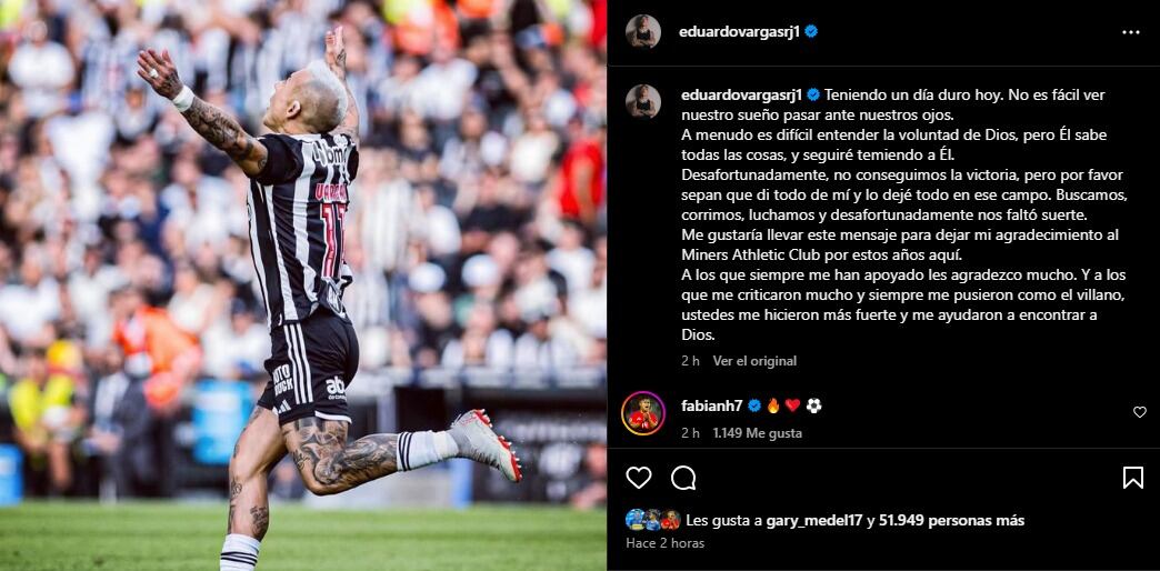 El potente mensaje de Eduardo Vargas tras perder la final de la Copa Libertadores | Captura de pantalla