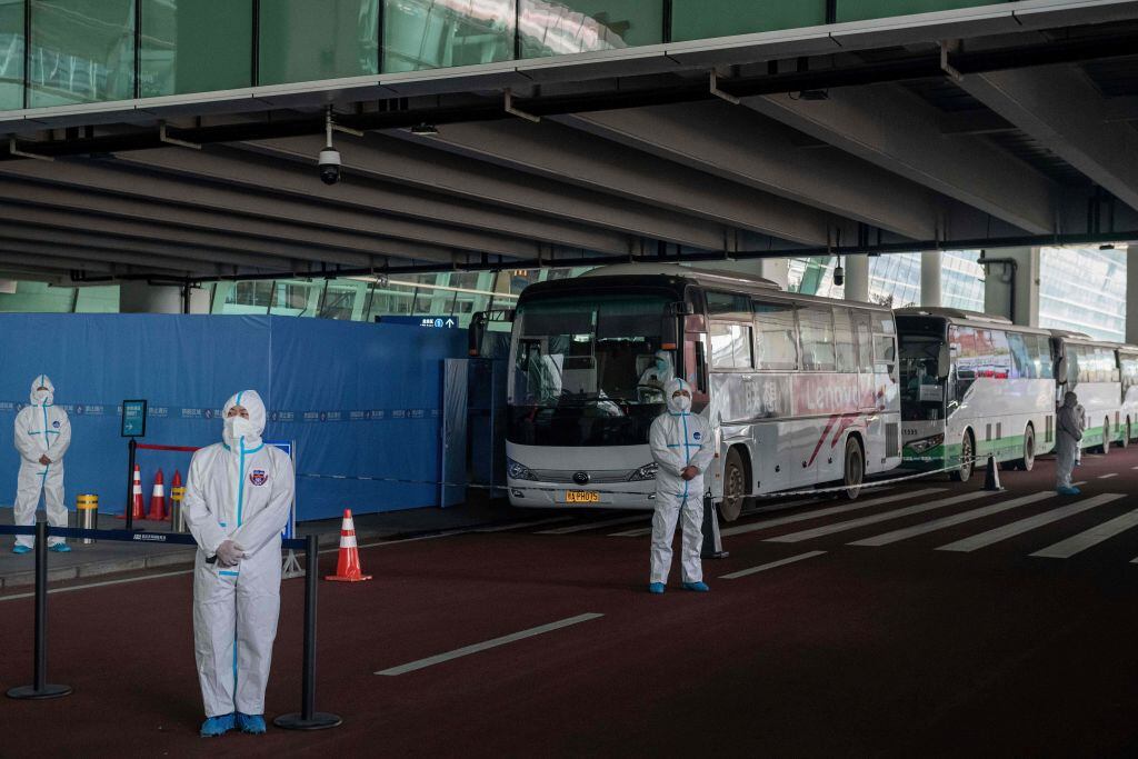 Buses esperan al equipo de la OMS en el aeropuerto de Wuhan