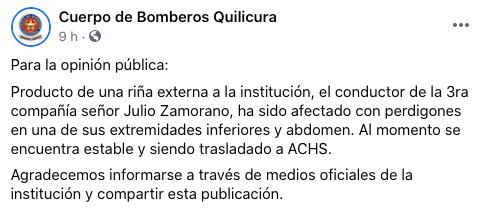 Comunicado Cuerpo de Bomberos de Quilicura