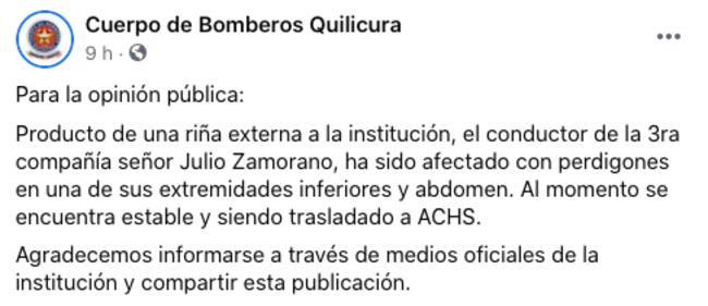 Comunicado Cuerpo de Bomberos de Quilicura