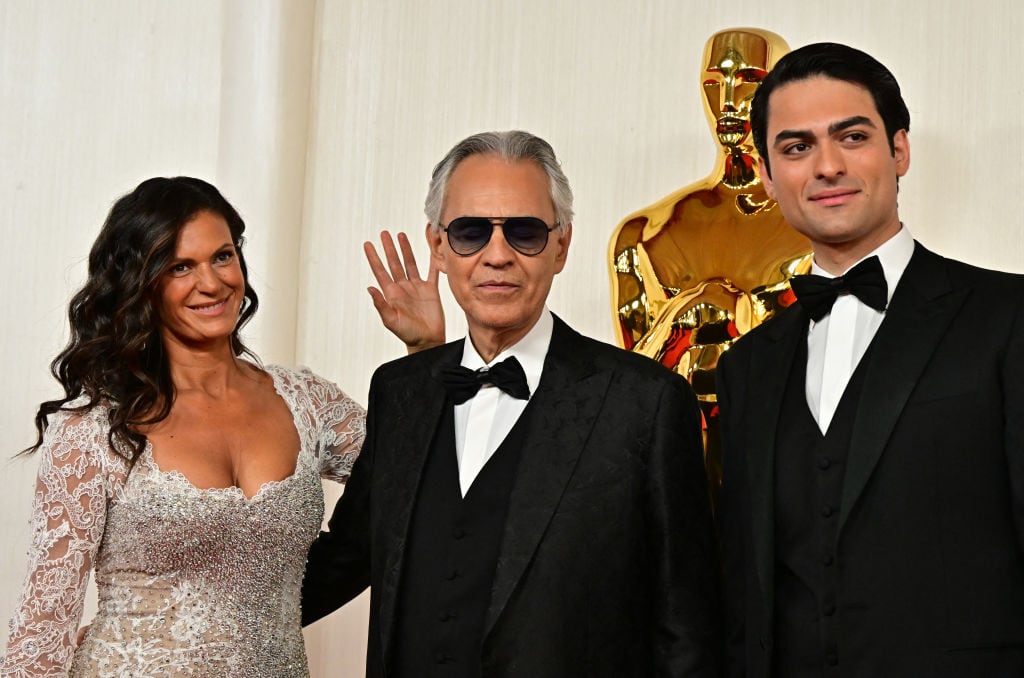 Italian tenor Andrea Bocelli, his wife Veronica Berti and his son Matteo Bocelli attend the 96th Annual Academy Awards at the Dolby Theatre in Hollywood, California on March 10, 2024. (Photo by Frederic J. Brown / AFP) (Photo by FREDERIC J. BROWN/AFP via Getty Images)