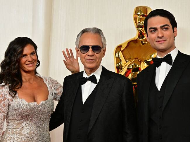 Italian tenor Andrea Bocelli, his wife Veronica Berti and his son Matteo Bocelli attend the 96th Annual Academy Awards at the Dolby Theatre in Hollywood, California on March 10, 2024. (Photo by Frederic J. Brown / AFP) (Photo by FREDERIC J. BROWN/AFP via Getty Images)