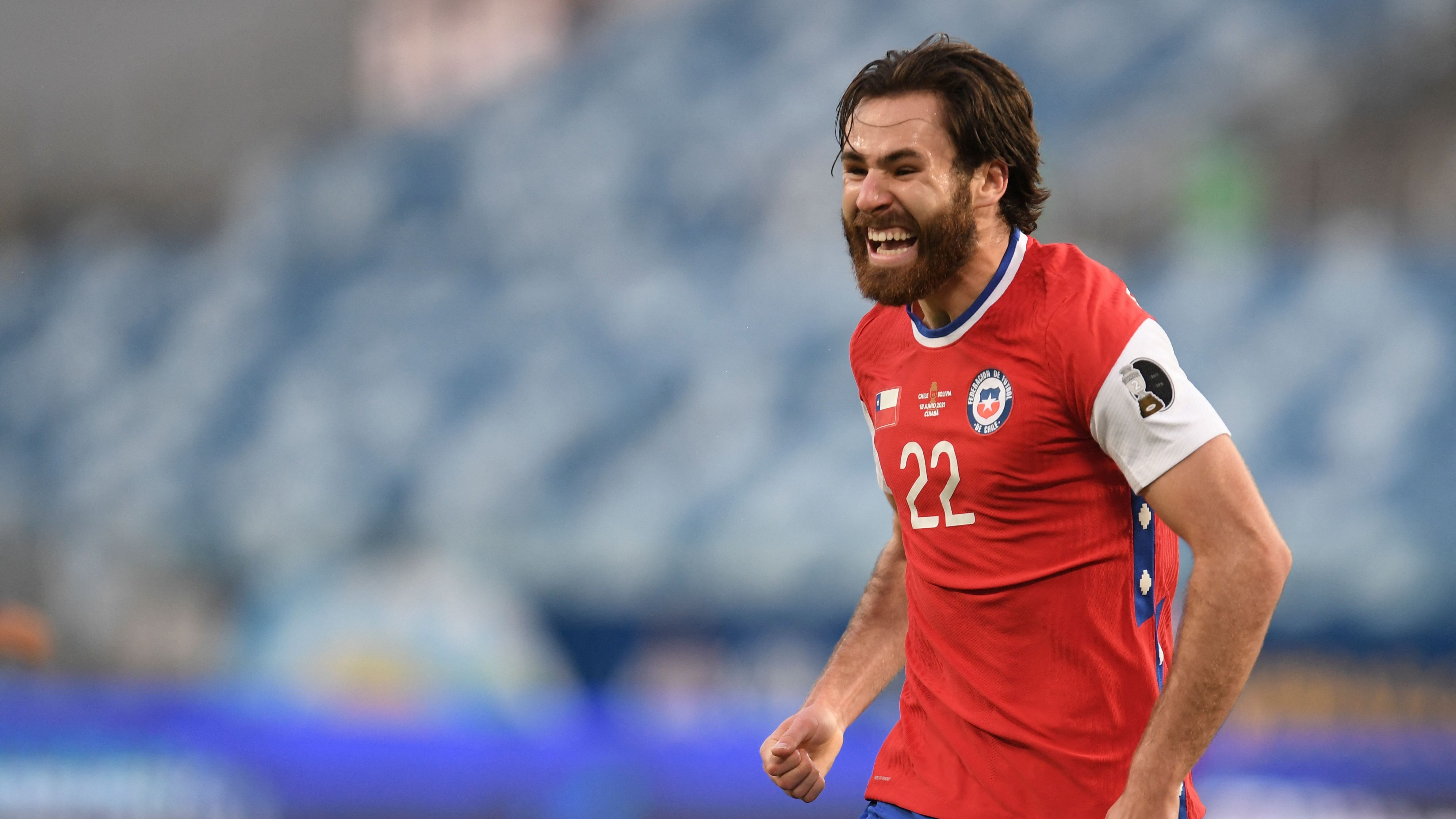 Chile's Ben Brereton celebrates after scoring against Bolivia during their Conmebol Copa America 2021 football tournament group phase match at the Pantanal Arena in Cuiaba, Brazil, on June 18, 2021. (Photo by Douglas MAGNO / AFP) (Photo by DOUGLAS MAGNO/AFP via Getty Images)
