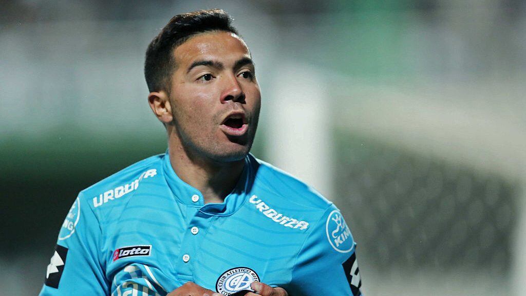 Nahuel Lujan of Argentina's Belgrano celebrates a goal scored during a Copa Sudamericana football match with Coritiba at the Couto Pereira stadium in Curitiba, Brazil on September 21, 2016. / AFP / Heuler Andrey (Photo credit should read HEULER ANDREY/AFP via Getty Images)