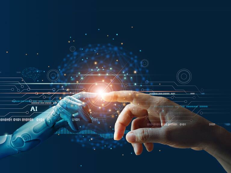 AI, Machine learning, Hands of robot and human touching on big data network connection background, Science and artificial intelligence technology, innovation and futuristic.