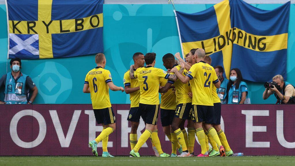 Sweden's players celebrate after scoring a goal during the UEFA EURO 2020 Group E football match between Sweden and Slovakia at Saint Petersburg Stadium in Saint Petersburg on June 18, 2021. (Photo by LARS BARON / POOL / AFP) (Photo by LARS BARON/POOL/AFP via Getty Images)