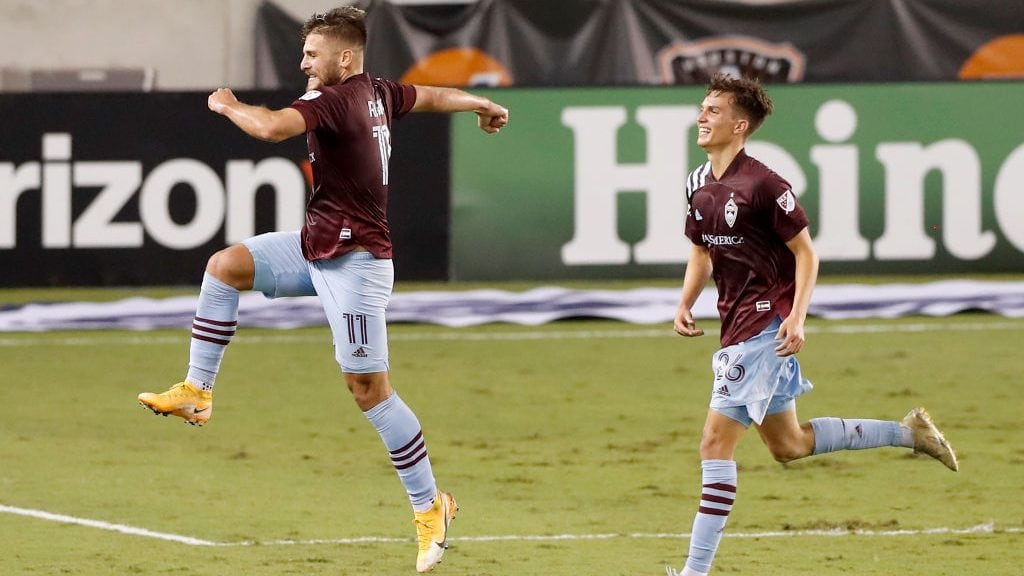 HOUSTON, TEXAS - NOVEMBER 08: Diego Rubio #11 of Colorado Rapids celebrates after scoring a goal in stoppage time against the Houston Dynamo at BBVA Compass Stadium on November 08, 2020 in Houston, Texas. (Photo by Tim Warner/Getty Images)