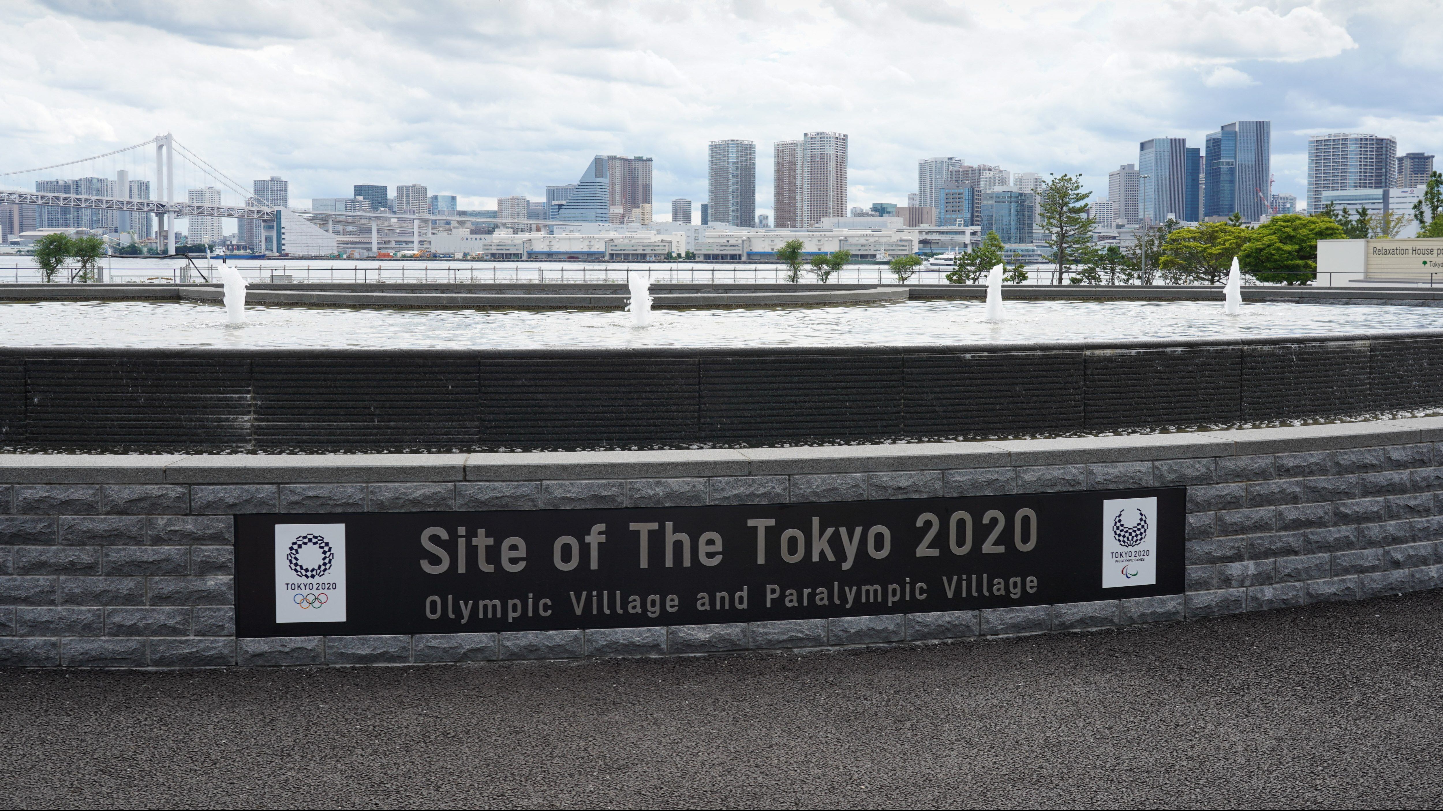 CHUO, TOKYO, JAPAN - 2021/06/20: A fountain showing the location of the site of Tokyo 2020 Olympic and Paralympic is installed inside the Village.The postponed Tokyo 2020 Olympic Games, officially known as the Games of the XXXII Olympiad will be held from 23 July to 8 August 2021 in Tokyo. Japanese authorities have taken extensive sanitary measures to contain the spread of Covid 19 during the games. (Photo by Jinhee Lee/SOPA Images/LightRocket via Getty Images)