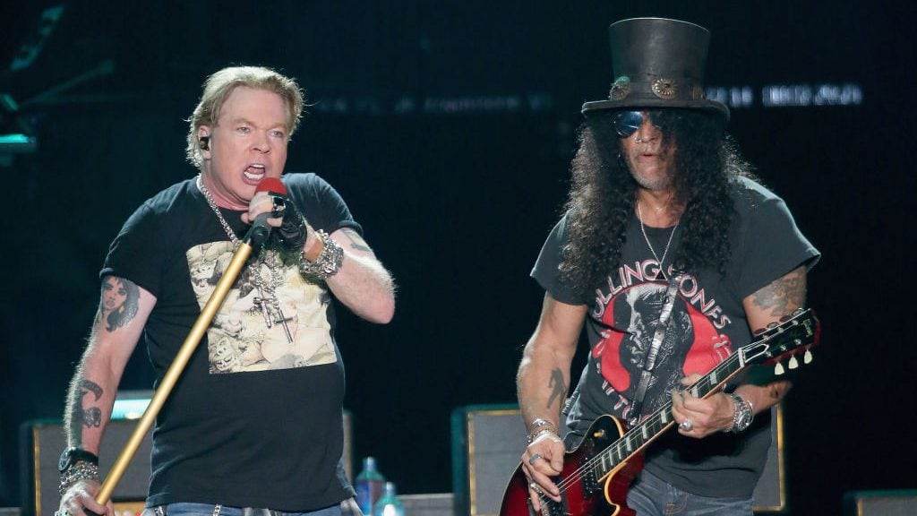 AUSTIN, TEXAS - OCTOBER 04: Axl Rose (L) and Slash of Guns N' Roses perform in concert during weekend one of the 2019 ACL Fest at Zilker Park on October 4, 2019 in Austin, Texas. (Photo by Gary Miller/Getty Images)