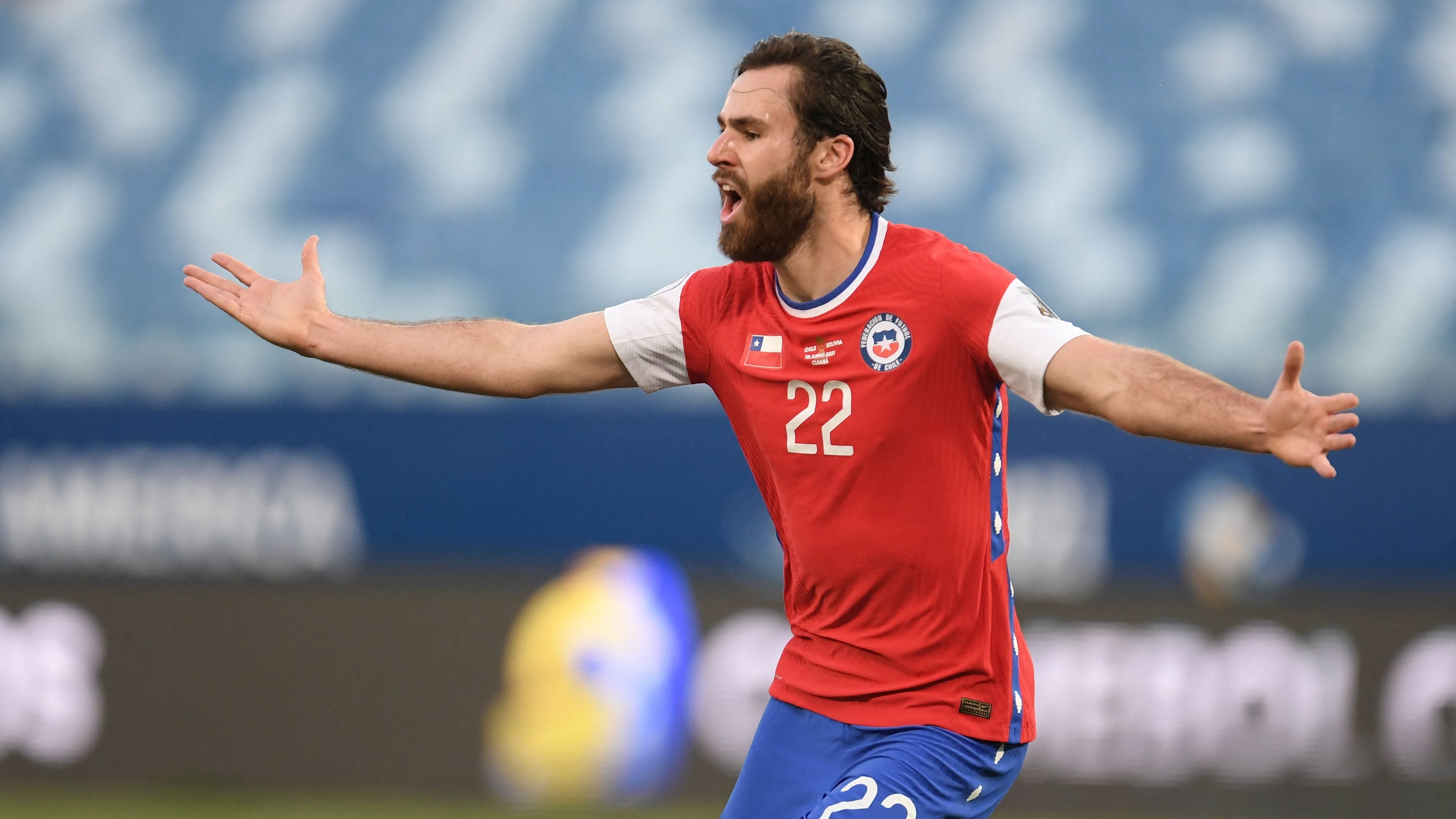 Chile's Ben Brereton celebrates after scoring against Bolivia during their Conmebol Copa America 2021 football tournament group phase match at the Pantanal Arena in Cuiaba, Brazil, on June 18, 2021. (Photo by Douglas MAGNO / AFP) (Photo by DOUGLAS MAGNO/AFP via Getty Images)