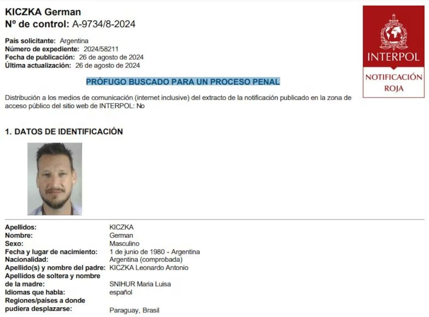 Registro del pedido de alerta roja emitido por la Interpol en la búsqueda del diputado provincial argentino Germán Kiczka