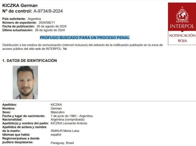Registro del pedido de alerta roja emitido por la Interpol en la búsqueda del diputado provincial argentino Germán Kiczka