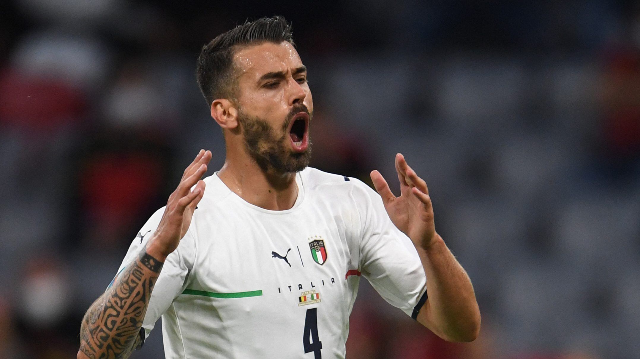 Italy's defender Leonardo Spinazzola reacts after missing a chance during the UEFA EURO 2020 quarter-final football match between Belgium and Italy at the Allianz Arena in Munich on July 2, 2021. (Photo by ANDREAS GEBERT / POOL / AFP) (Photo by ANDREAS GEBERT/POOL/AFP via Getty Images)