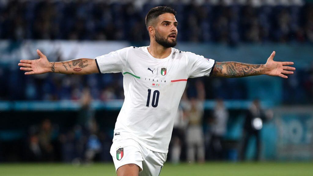 ROME, ITALY - JUNE 11: Lorenzo Insigne of Italy celebrates after scoring their side's third goal during the UEFA Euro 2020 Championship Group A match between Turkey and Italy at the Stadio Olimpico on June 11, 2021 in Rome, Italy. (Photo by Mike Hewitt/Getty Images)