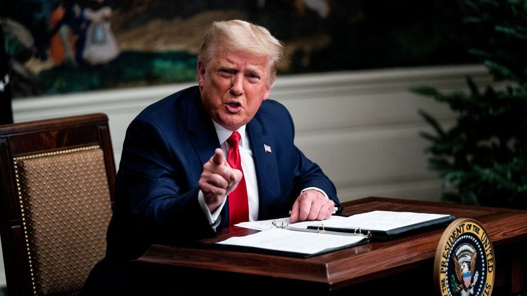 WASHINGTON, DC - NOVEMBER 26: President Donald Trump speaks in the Diplomatic Room of the White House on Thanksgiving on November 26, 2020 in Washington, DC. Trump had earlier made the traditional call to members of the military stationed abroad through video teleconference. (Photo by Erin Schaff - Pool/Getty Images)