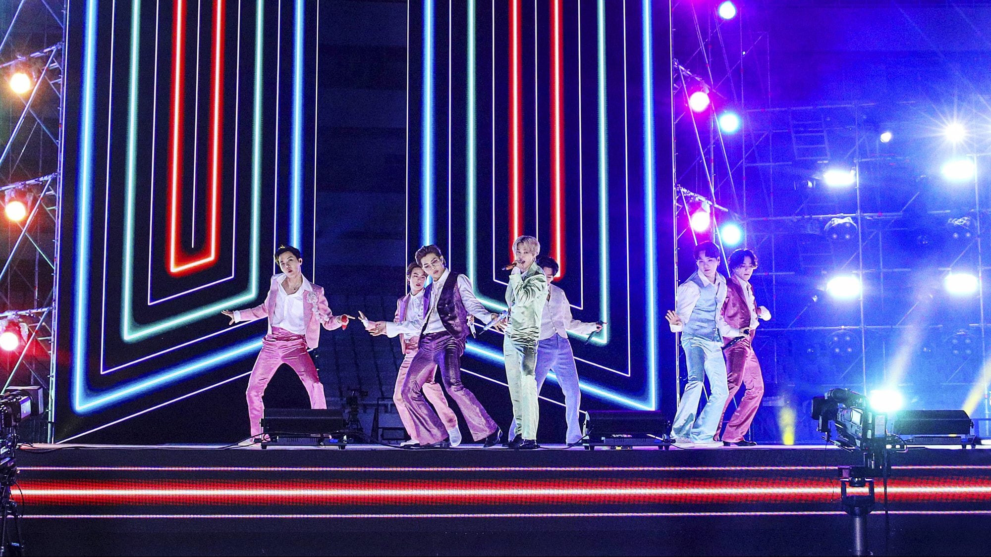 SOUTH KOREA - NOVEMBER 22: (EDITORIAL USE ONLY; NO BOOK COVERS.) In this image released on November 22, J-Hope, Jin, RM, Jimin, V, Suga, and Jungkook of BTS perform onstage for the 2020 American Music Awards on November 22, 2020 in South Korea. (Photo by Big Hit Entertainment/AMA2020/Getty Images via Getty Images)