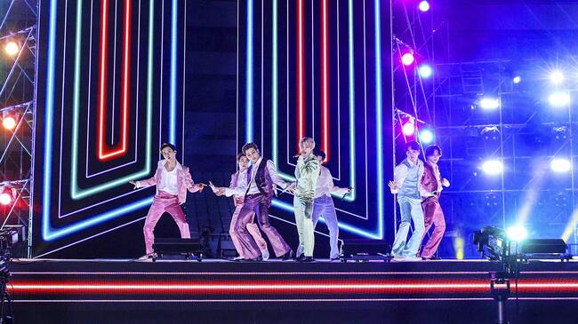 SOUTH KOREA - NOVEMBER 22: (EDITORIAL USE ONLY; NO BOOK COVERS.) In this image released on November 22, J-Hope, Jin, RM, Jimin, V, Suga, and Jungkook of BTS perform onstage for the 2020 American Music Awards on November 22, 2020 in South Korea. (Photo by Big Hit Entertainment/AMA2020/Getty Images via Getty Images)