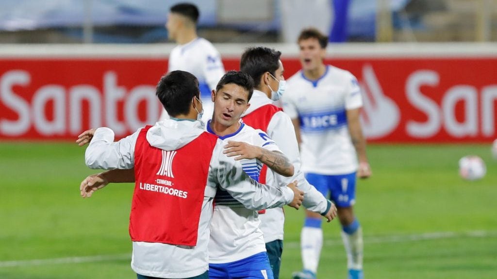 27 de Mayo del 2021/SANTIAGOJugadores de Universidad Catolica celebran ,durante el partido valido por el grupo F de la Copa Conmebol Libertadores 2021, entre Universidad Catolica vs Atlético Nacional, disputado en el Estadio San Carlos de Apoquindo.
FOTO:FRANCISCO LONGA/AGENCIAUNO