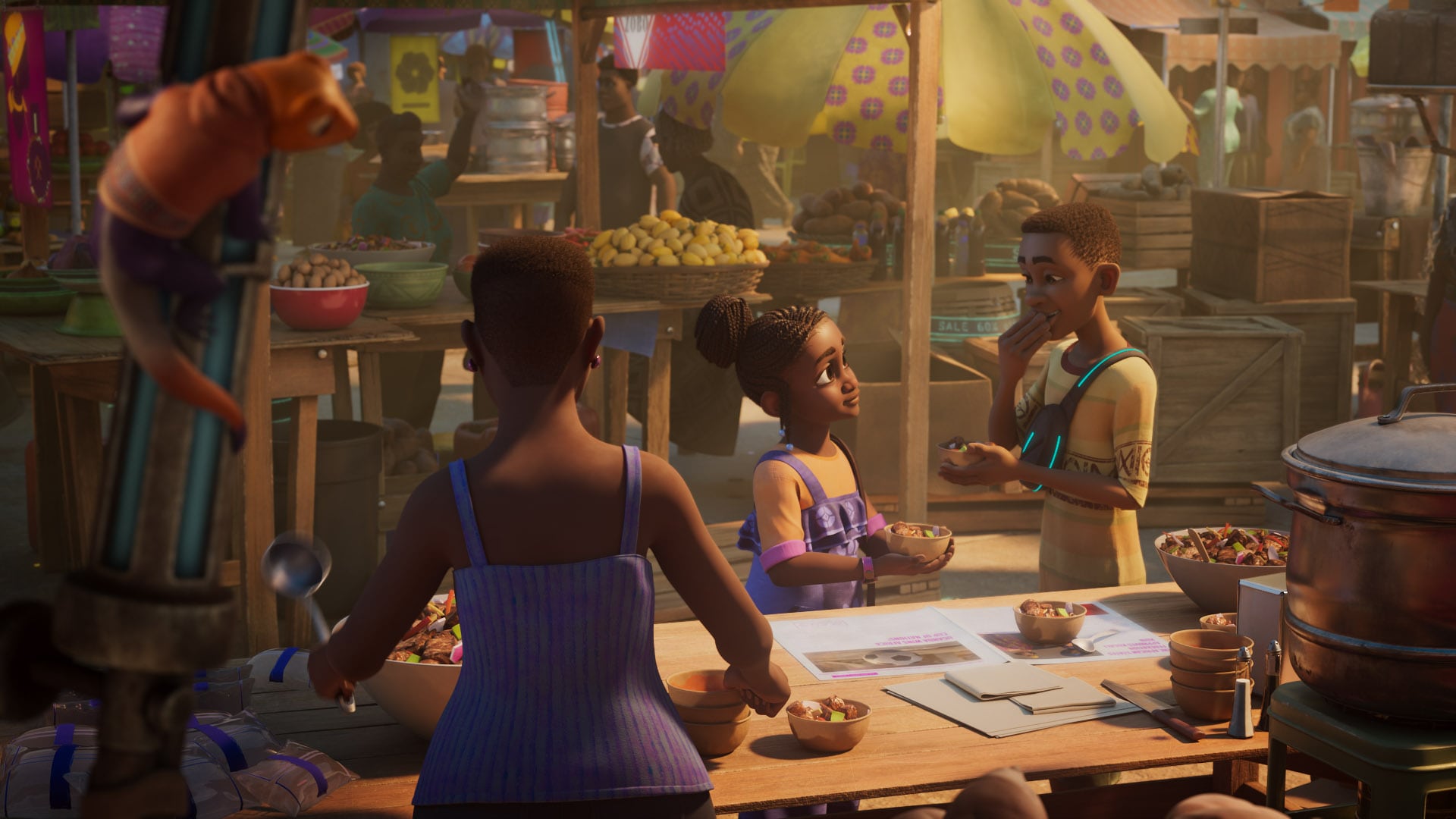 BEST FRIENDS -- In a first-of-its-kind collaboration, Walt Disney Animation Studios teams up with Pan-African entertainment company Kugali for “Iwájú”—an original animated series set in a futuristic Lagos, Nigeria. This exciting coming-of-age story follows Tola (voice of Simisola Gbadamosi) and her best friend Kole (voice of Siji Soetan). Kugali filmmakers Olufikayo Ziki Adeola, Hamid Ibrahim and Toluwalakin Olowofoyeku take viewers on a unique journey into the world of “Iwájú,” bursting with unique visual elements and technological advancements inspired by the spirit of Lagos. Produced by Disney Animation’s Christina Chen, and written by Adeola and Halima Hudson, “Iwájú” streams exclusively on Disney+ Feb. 28, 2024, in a six-episode event. © 2024 Disney. All Rights Reserved.