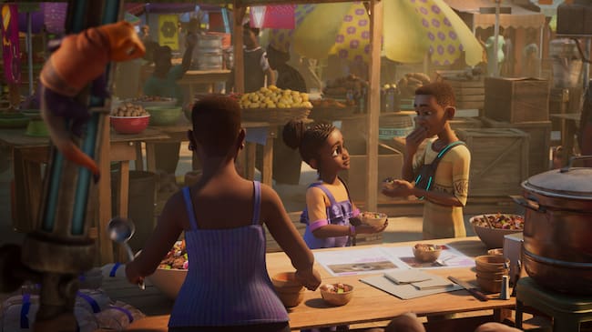 BEST FRIENDS -- In a first-of-its-kind collaboration, Walt Disney Animation Studios teams up with Pan-African entertainment company Kugali for “Iwájú”—an original animated series set in a futuristic Lagos, Nigeria. This exciting coming-of-age story follows Tola (voice of Simisola Gbadamosi) and her best friend Kole (voice of Siji Soetan). Kugali filmmakers Olufikayo Ziki Adeola, Hamid Ibrahim and Toluwalakin Olowofoyeku take viewers on a unique journey into the world of “Iwájú,” bursting with unique visual elements and technological advancements inspired by the spirit of Lagos. Produced by Disney Animation’s Christina Chen, and written by Adeola and Halima Hudson, “Iwájú” streams exclusively on Disney+ Feb. 28, 2024, in a six-episode event. © 2024 Disney. All Rights Reserved.