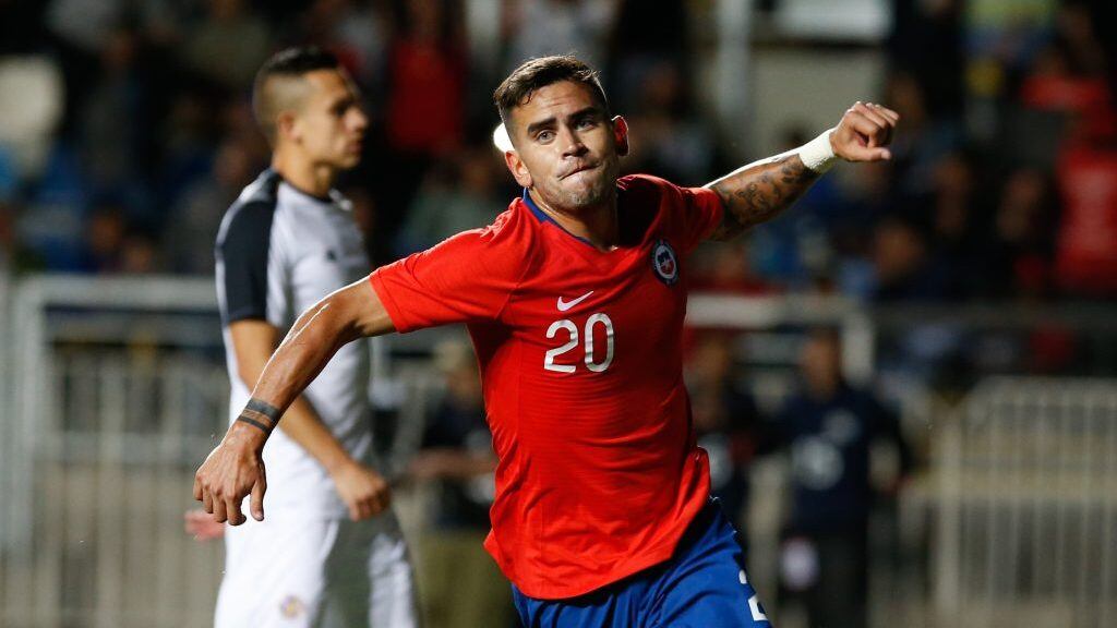 16 de Noviembre del 2018/Rancagua Sebastian Vegas celebra su primer gol y el 3 a 1 de Chile ,durante el partido amistoso entre las selecciones de Chile y Costa Rica, disputado en el Estadio El Teniente.
FOTO:FRANCISCO LONGA/AGENCIAUNO