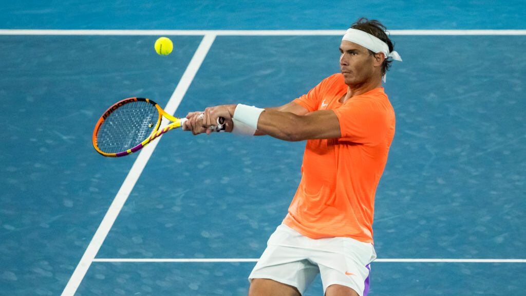 MELBOURNE, VIC - FEBRUARY 11: Rafael Nadal of Spain returns the ball during round 2 of the 2021 Australian Open on February 11 2020, at Melbourne Park in Melbourne, Australia. (Photo by Jason Heidrich/Icon Sportswire via Getty Images)