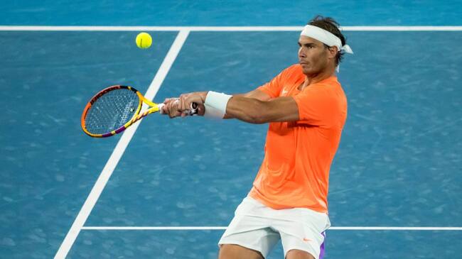 MELBOURNE, VIC - FEBRUARY 11: Rafael Nadal of Spain returns the ball during round 2 of the 2021 Australian Open on February 11 2020, at Melbourne Park in Melbourne, Australia. (Photo by Jason Heidrich/Icon Sportswire via Getty Images)
