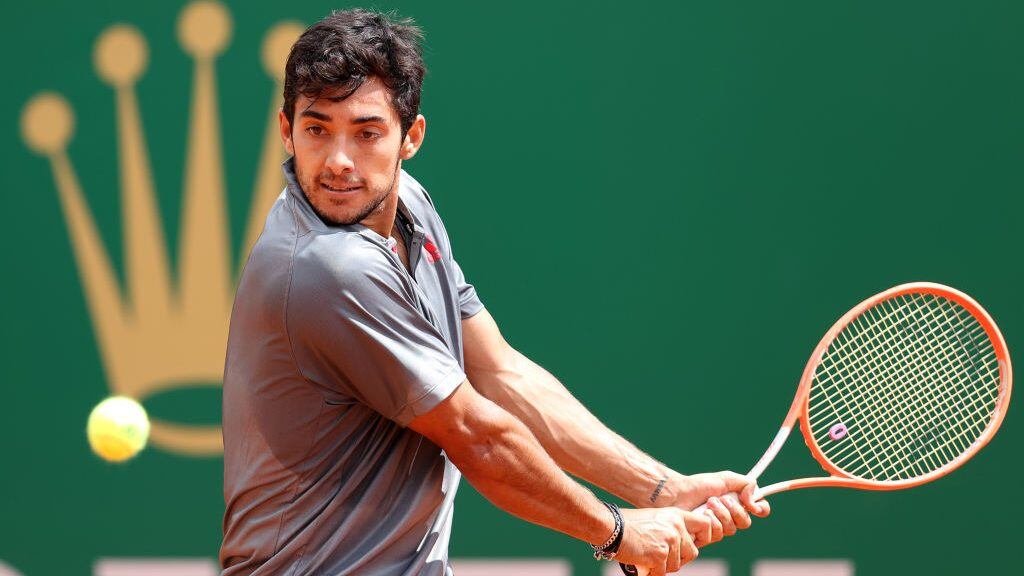 MONTE-CARLO, MONACO - APRIL 13: Cristian Garin of Chile plays a back hand in his mens singles match against Felix Auger-Aliassime of Canada during the first round on day three of the Rolex Monte-Carlo Masters at Monte-Carlo Country Club on April 13, 2021 in Monte-Carlo, Monaco. (Photo by Alexander Hassenstein/Getty Images)