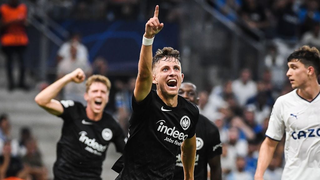 MARSEILLE, FRANCE - SEPTEMBER 13: Jesper LINDSTROM of Eintracht Frankfurt celebrates his goal during the UEFA Champions League group D match between Olympique Marseille and Eintracht Frankfurt at Orange Velodrome on September 13, 2022 in Marseille, France. (Photo by Matthieu Mirville/DeFodi Images via Getty Images)