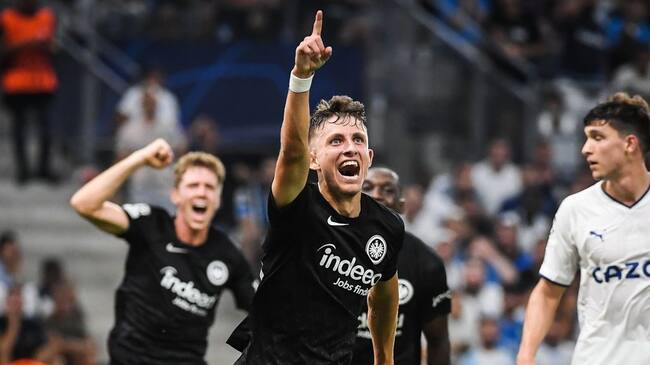MARSEILLE, FRANCE - SEPTEMBER 13: Jesper LINDSTROM of Eintracht Frankfurt celebrates his goal during the UEFA Champions League group D match between Olympique Marseille and Eintracht Frankfurt at Orange Velodrome on September 13, 2022 in Marseille, France. (Photo by Matthieu Mirville/DeFodi Images via Getty Images)