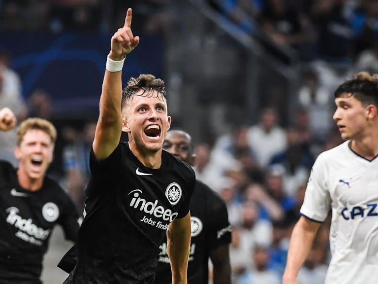MARSEILLE, FRANCE - SEPTEMBER 13: Jesper LINDSTROM of Eintracht Frankfurt celebrates his goal   during the UEFA Champions League group D match between Olympique Marseille and Eintracht Frankfurt at Orange Velodrome on September 13, 2022 in Marseille, France. (Photo by Matthieu Mirville/DeFodi Images via Getty Images)