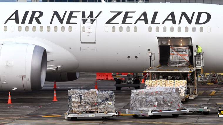 Trabajadores cargan un avión de Air New Zealand en el Aeropuerto de Auckland, en Nueva Zelanda