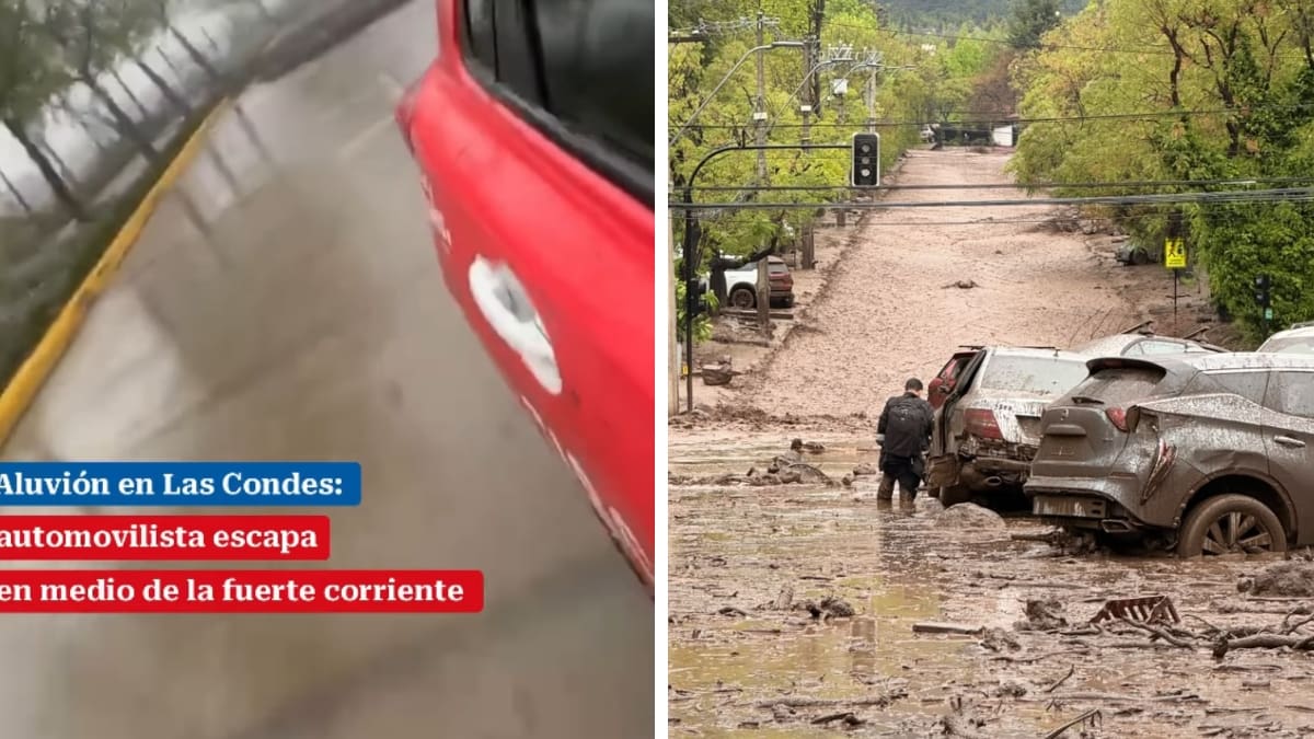 Conductor escapa del aluvión mientras otros autos son arrastrados en Las Condes